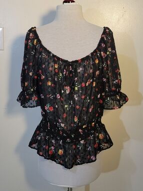 Banana Republic (Women's L) Semi-Sheer Swiss Dot Black Floral Peasant Blouse